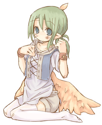 7010, lowres, blue eyes, green hair, pointy ears, ponytail, solo, thighhighs, wings