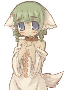 7010, lowres, animal ears, bare shoulders, blue eyes, braid, collar, green hair, solo, tail, twin braids