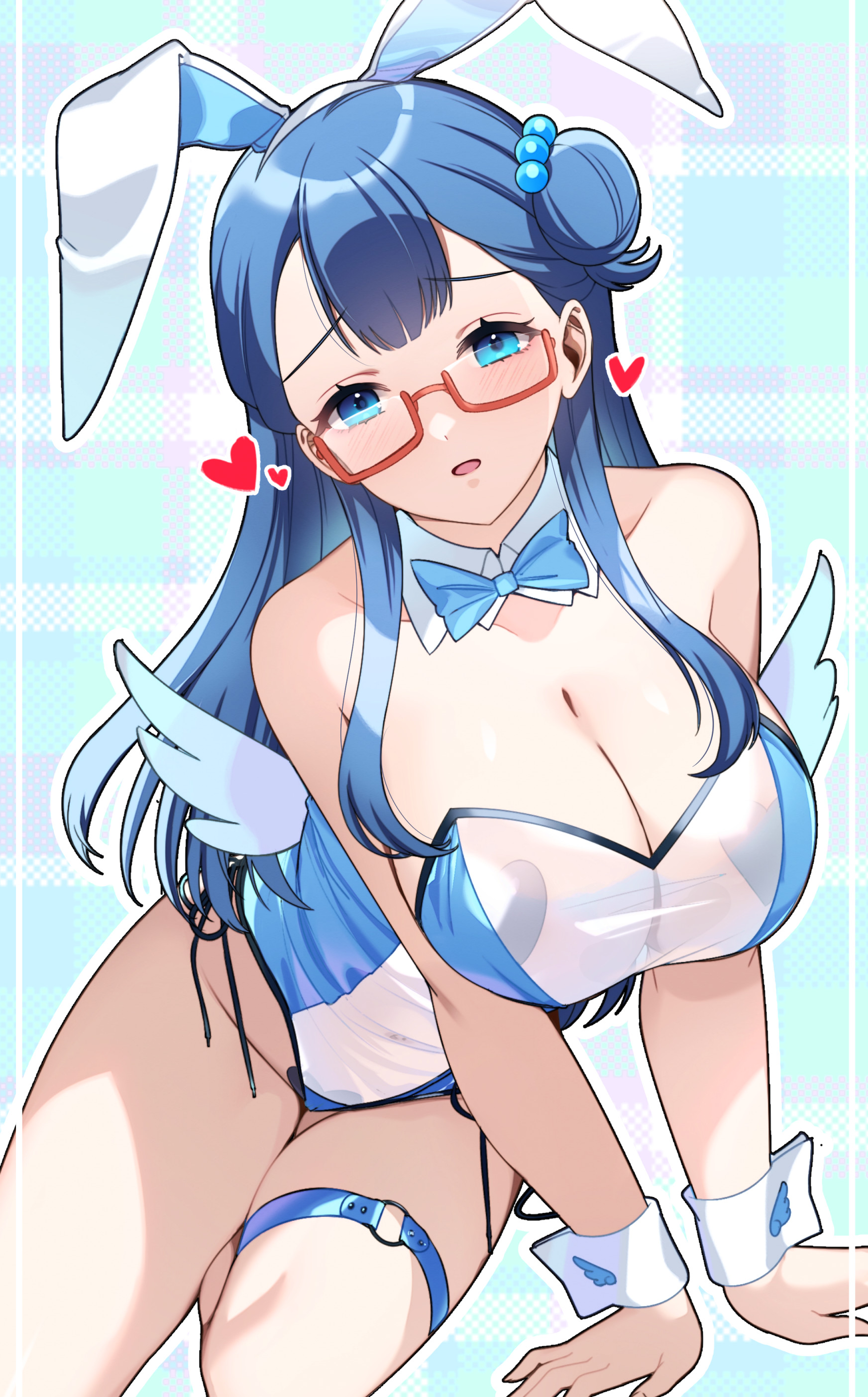 rumo, yakushiji saaya, hugtto! precure, precure, absurdres, highres, 1girl, alternate breast size (larger), animal ears, blue bow, blue bowtie, blue eyes, blue hair, blush, bow, bowtie, breasts, detached collar, fake animal ears, glasses, hair bun, heart maebari, heart pasties, huge breasts, leotard, long hair, looking at viewer, maebari, navel, open mouth, pasties, playboy bunny, rabbit ears, red-framed eyewear, single hair bun, sitting, solo, thigh strap