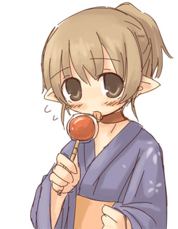 7010, lowres, brown eyes, brown hair, candy, choker, japanese clothes, lollipop, pointy ears