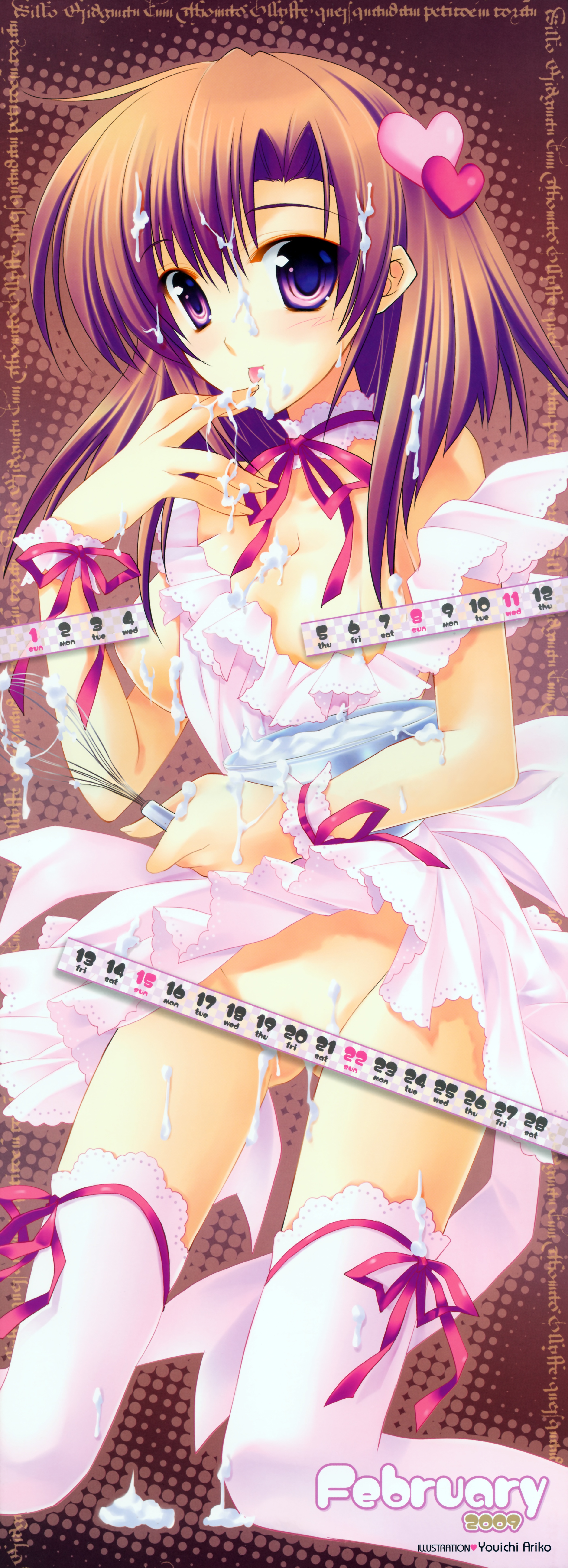 ariko youichi, otona no calendar, absurdres, highres, long image, tall image, 00s, 1girl, 2009, apron, brown hair, calendar, censored, convenient censoring, cream, february, female focus, naked apron, sexually suggestive, solo, suggestive fluid, thighhighs, white thighhighs