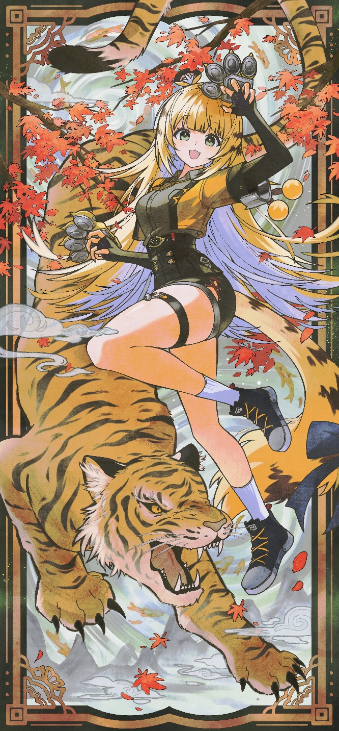 mising 0033, ju fufu, zenless zone zero, highres, 1girl, animal ear fluff, animal ears, black gloves, black shoes, blonde hair, colored inner hair, elbow gloves, fang, fingerless gloves, full body, gloves, green eyes, grey hair, high-waist shorts, jacket, long hair, looking at viewer, multicolored hair, open mouth, shoes, short sleeves, shorts, smile, socks, solo, tail, thigh strap, tiger, tiger ears, tiger girl, tiger tail, very long hair, white socks, yellow jacket