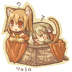 7010, looking away, lowres, 2girls, ?, animal ears, animal hands, artist name, basket, bell, blanket, blonde hair, blush, brown hair, cat ears, cat tail, chibi, closed eyes, collar, in basket, in container, jingle bell, multiple girls, neck bell, open mouth, pectorals, red eyes, sleeping, tail, zzz