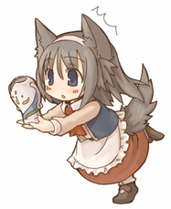 7010, lowres, animal ears, apron, chibi, grey hair, hairband, maid, maid apron, solo, tail, vase, wolf ears, wolf tail