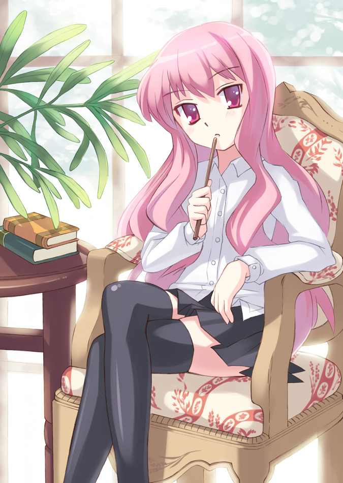 oryo (oryo04), louise francoise le blanc de la valliere, zero no tsukaima, bad id, bad pixiv id, 00s, book, chair, crossed legs, long hair, pink eyes, pink hair, sitting, solo, thighhighs, wand, zettai ryouiki