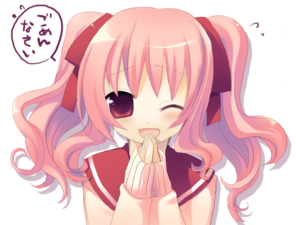 sazaki ichiri, original, 1girl, ;d, female focus, long sleeves, looking at viewer, one eye closed, open mouth, own hands together, pink hair, red eyes, sailor collar, school uniform, serafuku, simple background, smile, solo, upper body, wavy hair, white background, wink