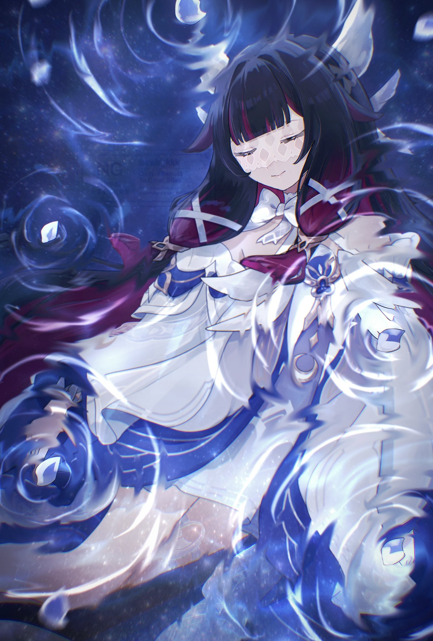 suwa (swk kkk), columbina (genshin impact), genshin impact, highres, 1girl, bare shoulders, black hair, bow, closed eyes, detached sleeves, eye mask, full moon, hair ornament, head wings, long hair, moon, multicolored hair, night, night sky, petals, reflection, reflective water, ripples, sky, smile, solo, star (sky), starry sky, streaked hair, water, white mask, wings, x-shaped eyewear, x hair ornament