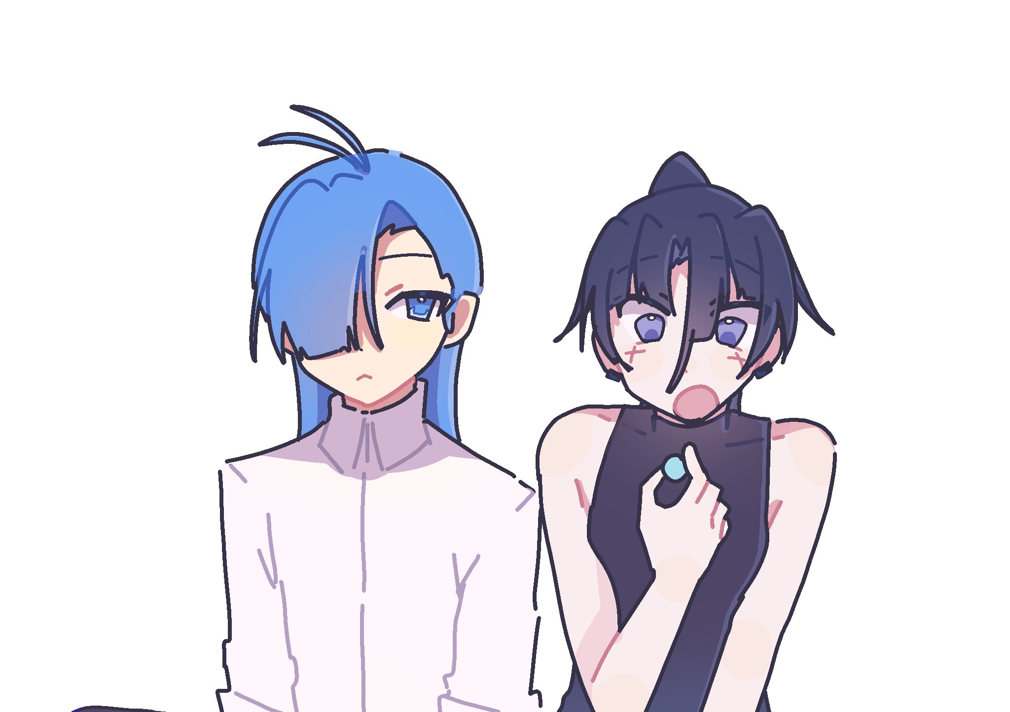 merry (ado), naima (ado), ado (utaite), readymade (ado), usseewa, commentary, highres, symbol-only commentary, 2girls, :<, ahoge, black shirt, blue eyes, candy, closed mouth, dress shirt, earclip, food, hair between eyes, hair over one eye, multiple girls, ponytail, pppp 0831, shirt, simple background, sleeveless, sleeveless shirt, white background, white shirt