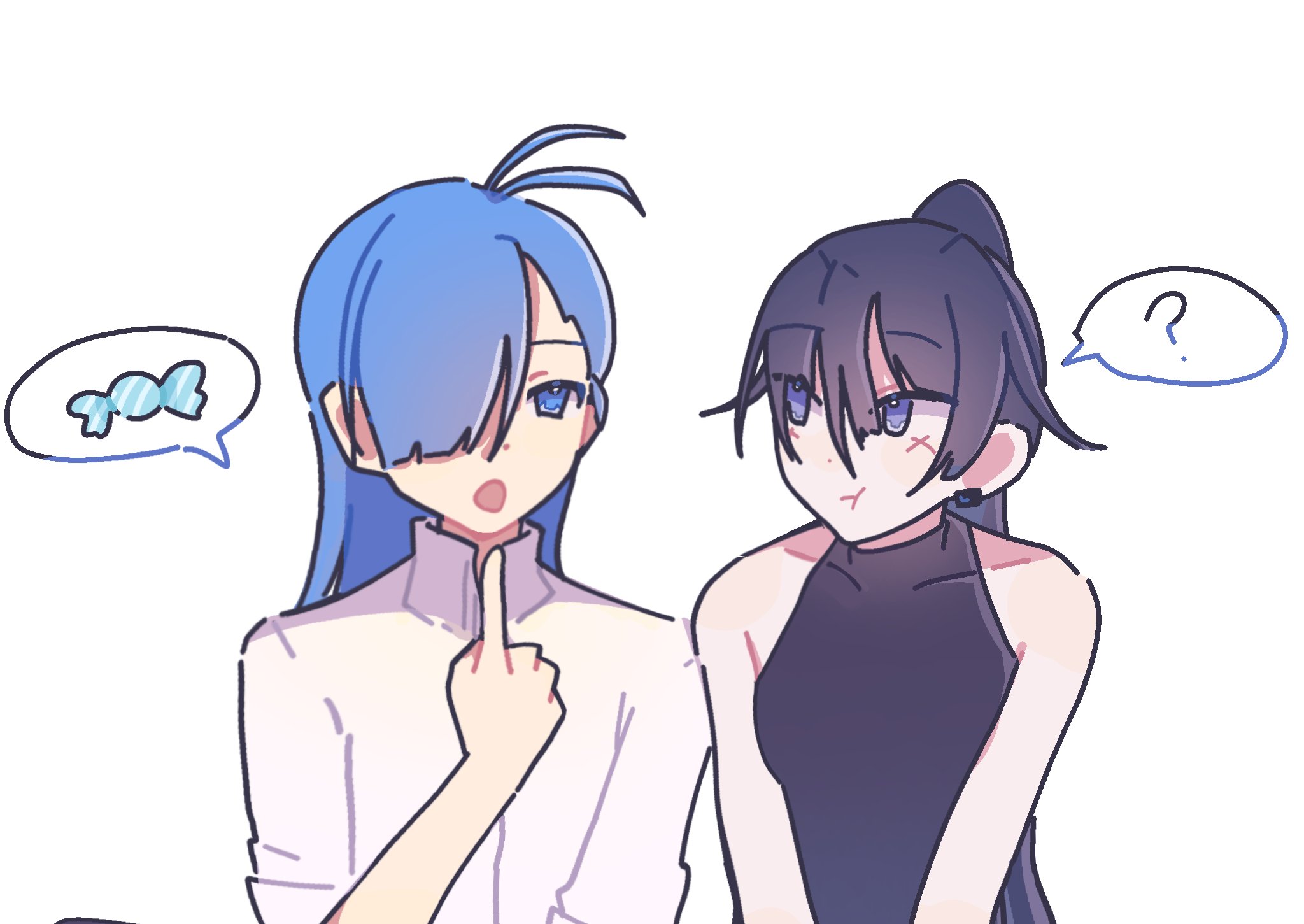 merry (ado), naima (ado), ado (utaite), readymade (ado), usseewa, commentary, highres, symbol-only commentary, 2girls, :<, ?, ahoge, black shirt, blue eyes, closed mouth, dress shirt, earclip, food in mouth, hair between eyes, hair over one eye, multiple girls, open mouth, pointing, pointing at self, ponytail, pppp 0831, shirt, simple background, sleeveless, sleeveless shirt, spoken object, spoken question mark, white background, white shirt