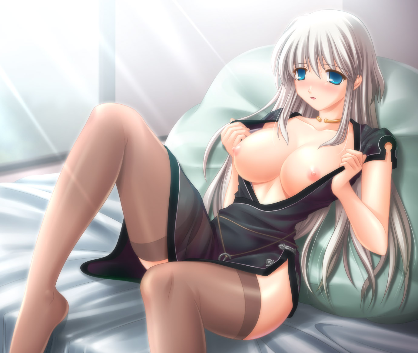 kafu (logaemon), nao (mabinogi), mabinogi, silver hair, 1girl, bed, blue eyes, blush, breasts, china dress, chinese clothes, dress, female focus, large breasts, long hair, lying, nipples, open clothes, open robe, open shirt, robe, shirt, solo, thighhighs, undressing