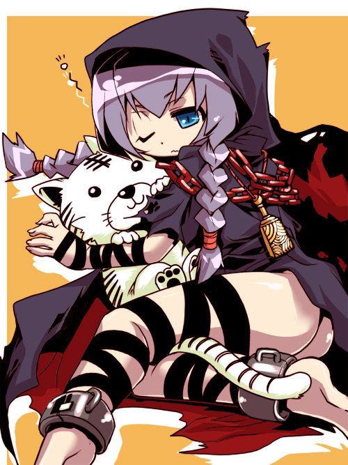 curse maker, curse maker 2, atlus, etrian odyssey, light purple hair, 1girl, ankle cuffs, barefoot, blue eyes, blush, braid, cloak, female focus, hood, hooded cloak, long sleeves, looking at viewer, short hair, single braid, sitting, solo, stuffed animal, stuffed tiger, stuffed toy, thighs, yokozuwari
