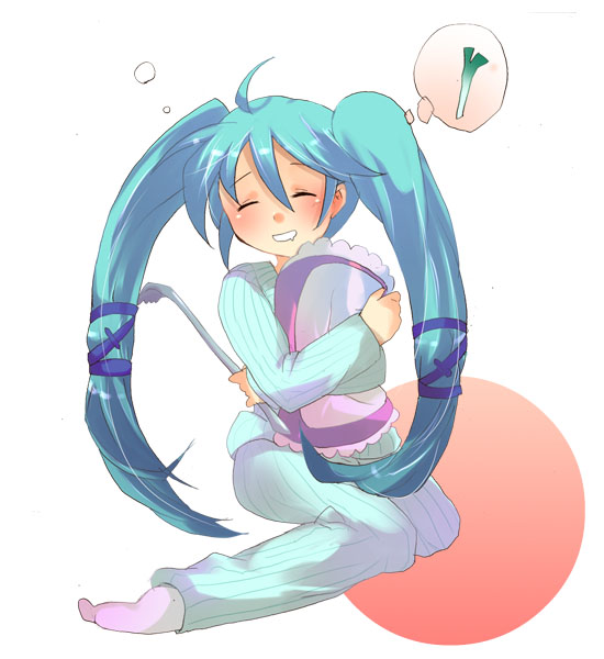 kurohara yuu, hatsune miku, vocaloid, 1girl, blue hair, crowbar, female focus, holding, holding crowbar, hugging object, pajamas, pillow, pillow hug, solo, speech bubble, spring onion, thought bubble, twintails, weapon