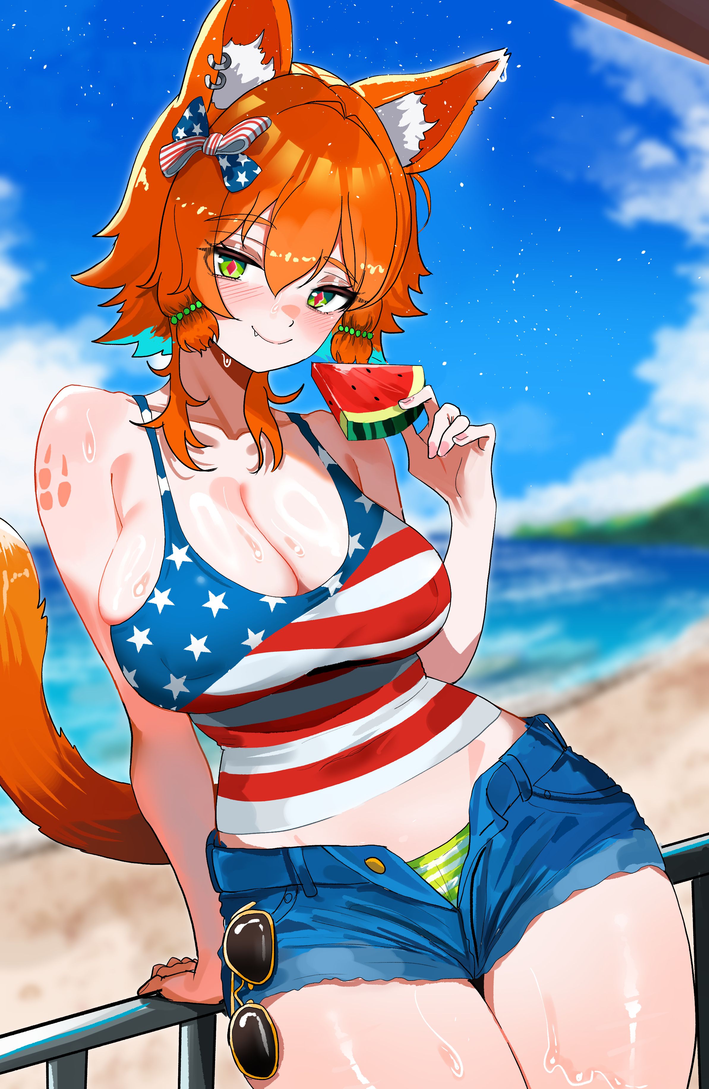 zd (pixiv6210083), mozumi pichi, v-dere, absurdres, highres, second-party source, 1girl, against railing, american flag, american flag print, animal ear fluff, animal ears, beach, blue hair, blue shorts, blurry, blurry background, bow, breasts, cleavage, cloud, collarbone, diamond-shaped pupils, diamond (shape), earrings, fang, flag print, food, fruit, green eyes, hair bow, jewelry, large breasts, multicolored bow, multicolored hair, multicolored tank top, ocean, open fly, orange hair, railing, red pupils, short hair, short shorts, shorts, sky, solo, star (symbol), star print, striped bow, sunglasses, sweat, symbol-shaped pupils, tail, two-tone hair, virtual youtuber, watermelon, watermelon slice, wolf ears, wolf girl