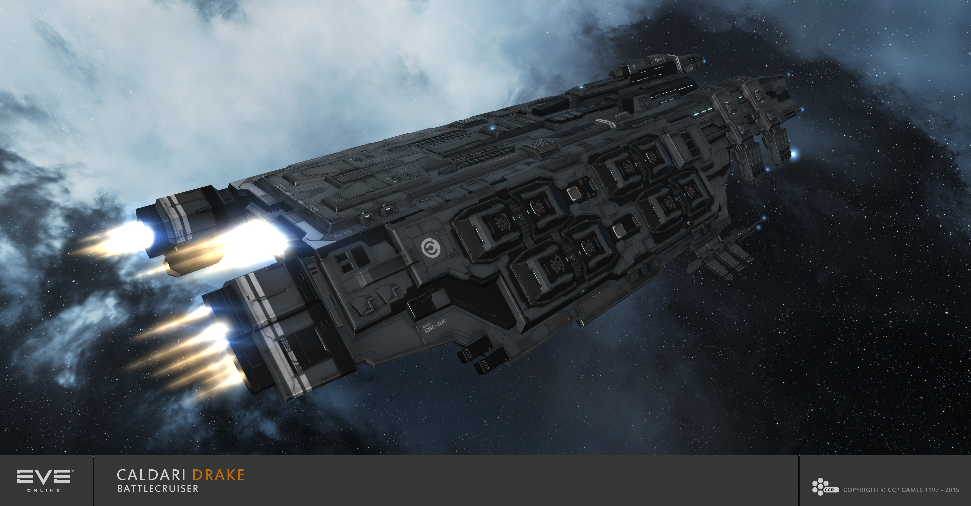 eve online, absurdres, commentary, highres, maya (medium), official art, 3d, battlecruiser (eve online), caldari state (eve online), combat ship (eve online), company logo, company name, copyright logo, copyright name, dated, drake (eve online), fire, flying, glowing, grey background, grey theme, kaalakiota corporation (eve online), logo, military vehicle, no humans, outdoors, radio antenna, realistic, science fiction, space, spacecraft, star (sky), starry sky background, support ship (eve online), thrusters, vehicle focus, vehicle name, ymir jonsson
