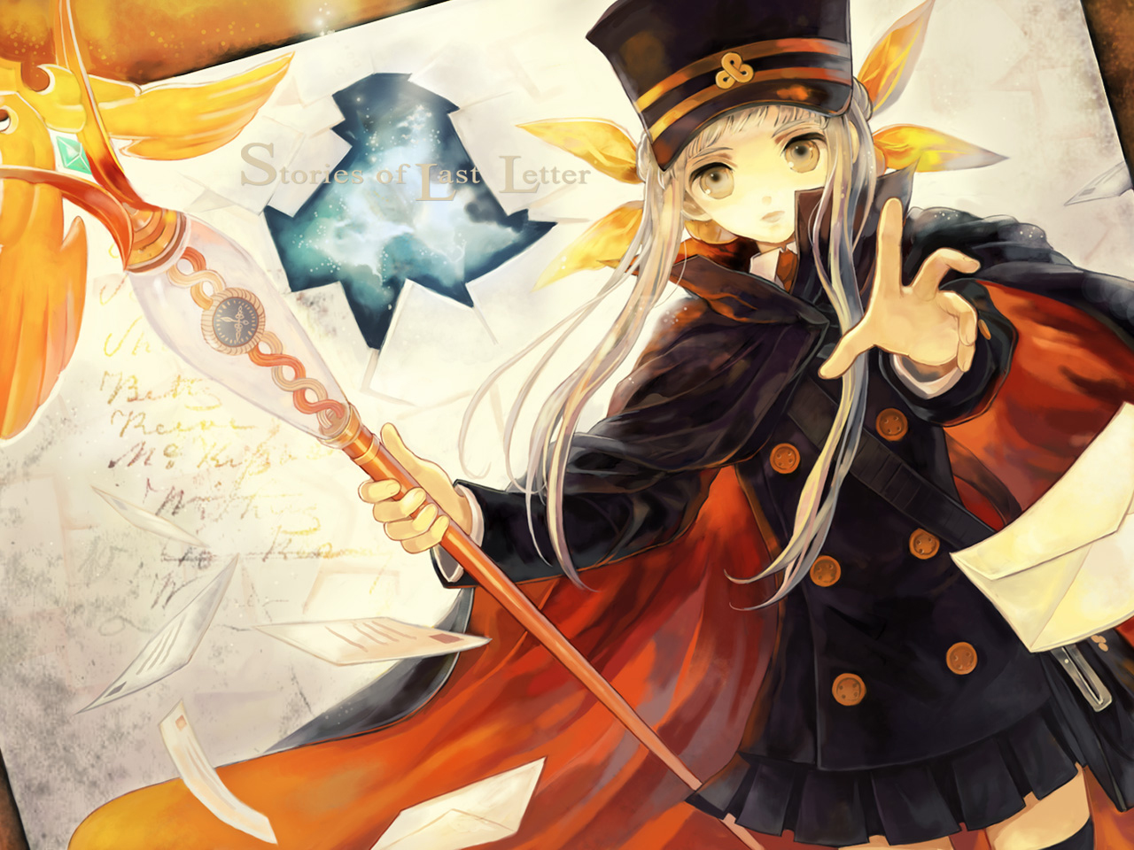 stecky, fumika, kanaka, shigofumi, silver hair, 00s, bag, bow, cape, hat, letter, satchel, shako cap, skirt, solo, staff