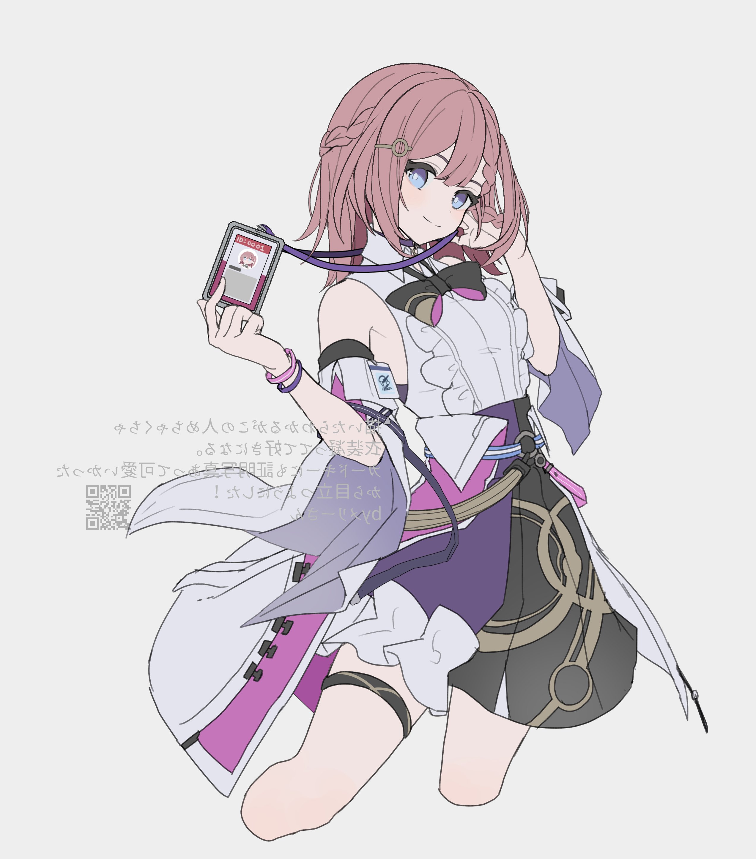 merry-san, asta (honkai: star rail), honkai: star rail, honkai (series), absurdres, highres, 1girl, bare shoulders, black skirt, blue eyes, collared shirt, detached sleeves, grey background, id card, light smile, looking at viewer, medium hair, multicolored skirt, pink hair, purple skirt, shirt, short sleeves, side ponytail, simple background, skirt, sleeveless, sleeveless shirt, solo, white shirt, wide sleeves
