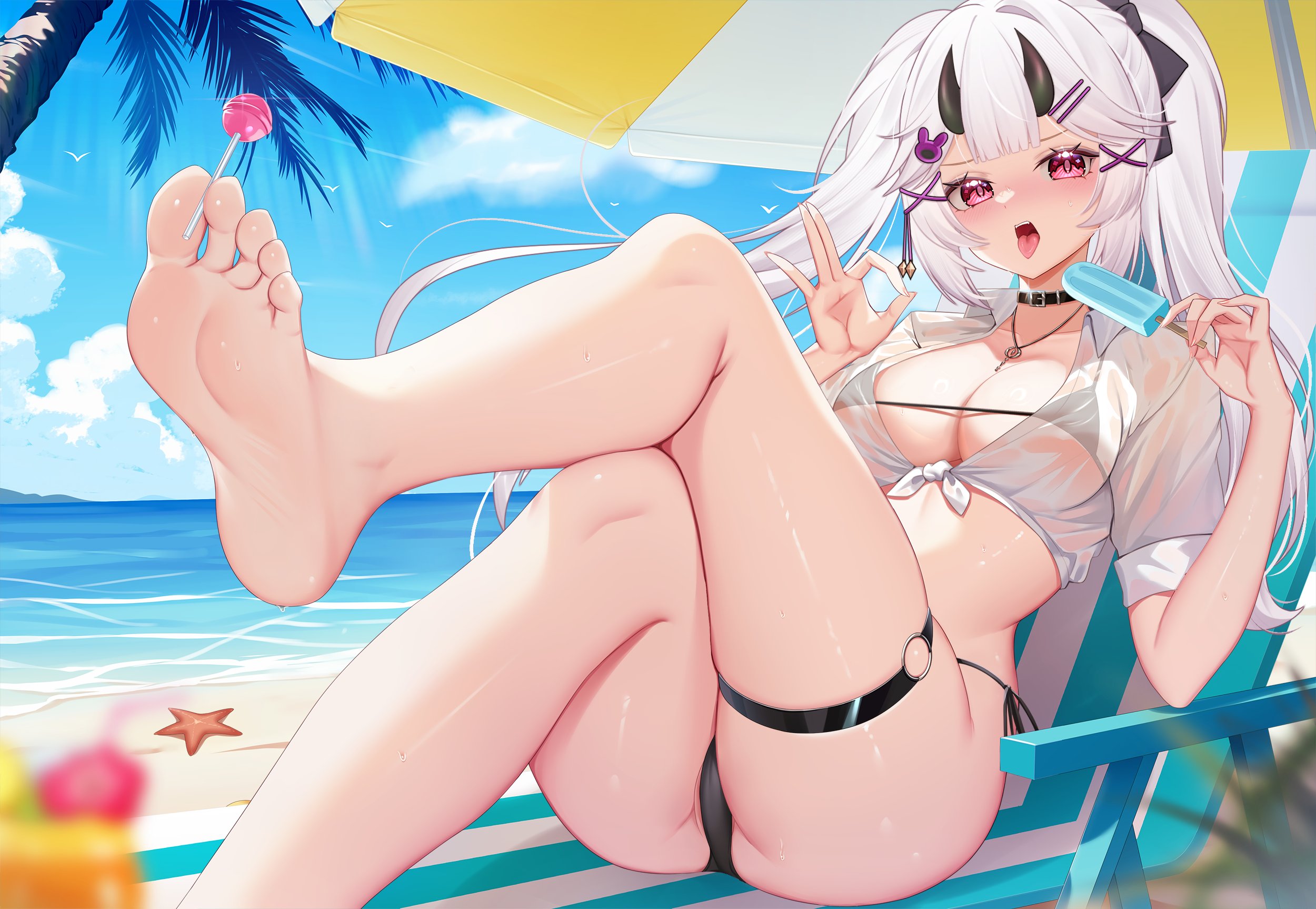 indie virtual youtuber, commentary, commission, english commentary, highres, second-party source, 1girl, barefoot, beach, beach chair, bikini, black bikini, black choker, blue sky, blush, breasts, center-flap bangs, choker, cleavage, cloud, collared shirt, day, demonhelios, double-parted bangs, feet, fellatio gesture, food, foot out of frame, hair ornament, hands up, holding, holding food, holding popsicle, holding with feet, horns, jewelry, knee up, large breasts, long hair, looking at viewer, micro bikini, necklace, o-ring, o-ring thigh strap, ocean, open mouth, outdoors, partially visible vulva, pink eyes, popsicle, shirt, side-tie bikini bottom, sitting, sky, soles, solo, starfish, swimsuit, thigh strap, tied shirt, toes, tongue, tongue out, twintails, virtual youtuber, wet, wet clothes, wet shirt, white hair, white shirt, x hair ornament, yngjiq490029454