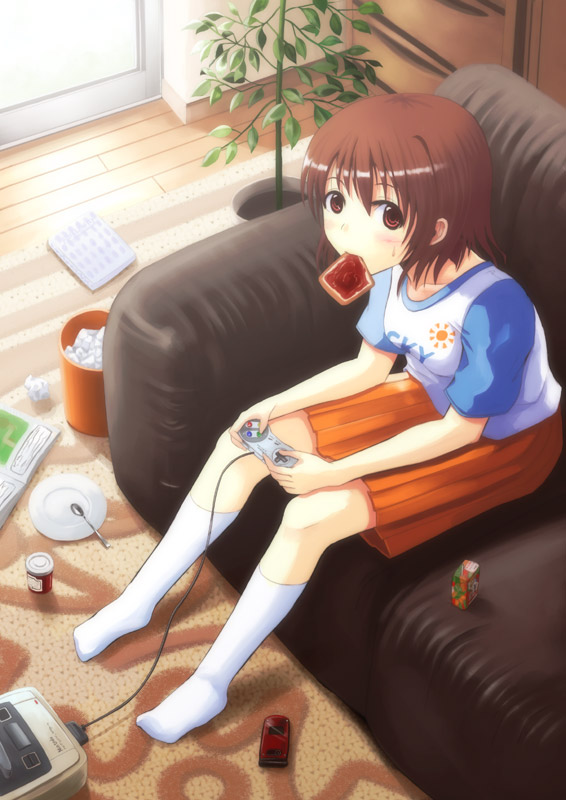 hyuuga azuri, super famicom, 1girl, bread, bread slice, brown eyes, brown hair, cellphone, couch, female focus, food, food in mouth, game console, juice box, kneehighs, mouth hold, phone, plate, playing games, sitting, socks, solo, spoon, super nintendo, toast, toast in mouth, video game