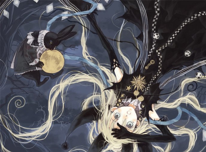 stecky, alice (alice in wonderland), alice's adventures in wonderland, bad id, bad pixiv id, blonde hair, elbow gloves, gloves, long hair, moon, rabbit, solo