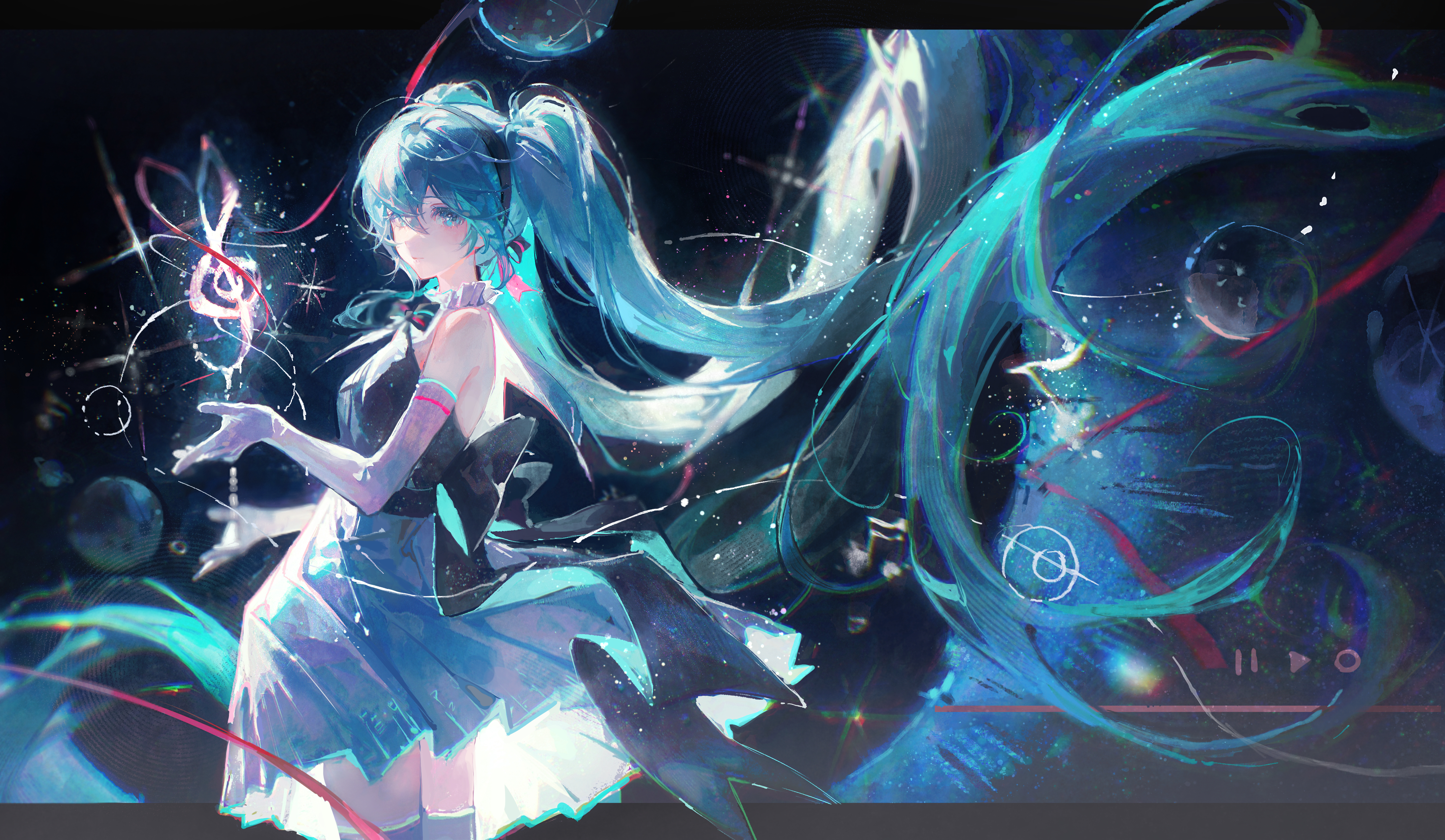 maccha (mochancc), hatsune miku, miku symphony (vocaloid), vocaloid, absurdres, highres, 1girl, absurdly long hair, aqua eyes, aqua hair, aqua skirt, bare shoulders, beamed sixteenth notes, black background, black bow, black bowtie, black hairband, black skirt, bow, bowtie, closed mouth, elbow gloves, floating hair, gloves, hairband, long hair, looking at viewer, musical note, pause button, play button, pleated skirt, shirt, skirt, sleeveless, sleeveless shirt, solo, treble clef, twintails, very long hair, white gloves