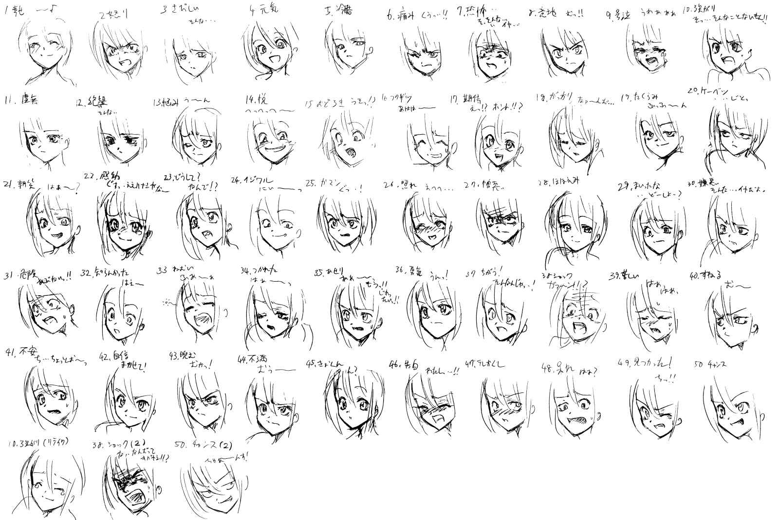 piro (artist), piro (piro r), highres, partially translated, translation request, angry, blush, closed eyes, embarrassed, greyscale, laughing, monochrome, multiple expressions, one eye closed, sad, sketch, smile, surprised, sweat, tears, wink