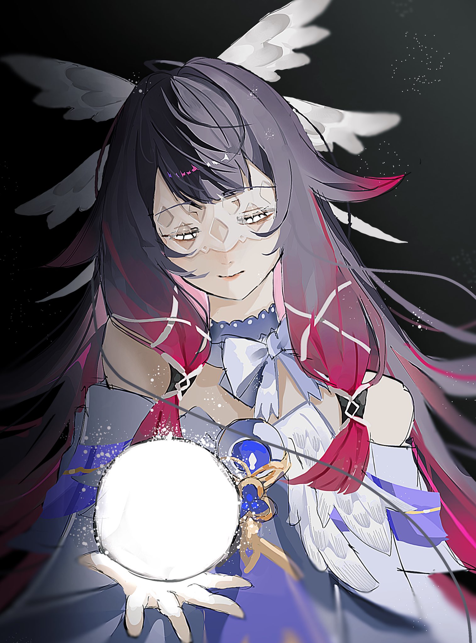 mofu163, columbina (genshin impact), genshin impact, highres, 1girl, bare shoulders, black background, black hair, dress, eye mask, feathered wings, gradient hair, half-closed eyes, head wings, holding orb, multicolored hair, orb, pink hair, sidelocks, solo, upper body, white eyes, white wings, wings