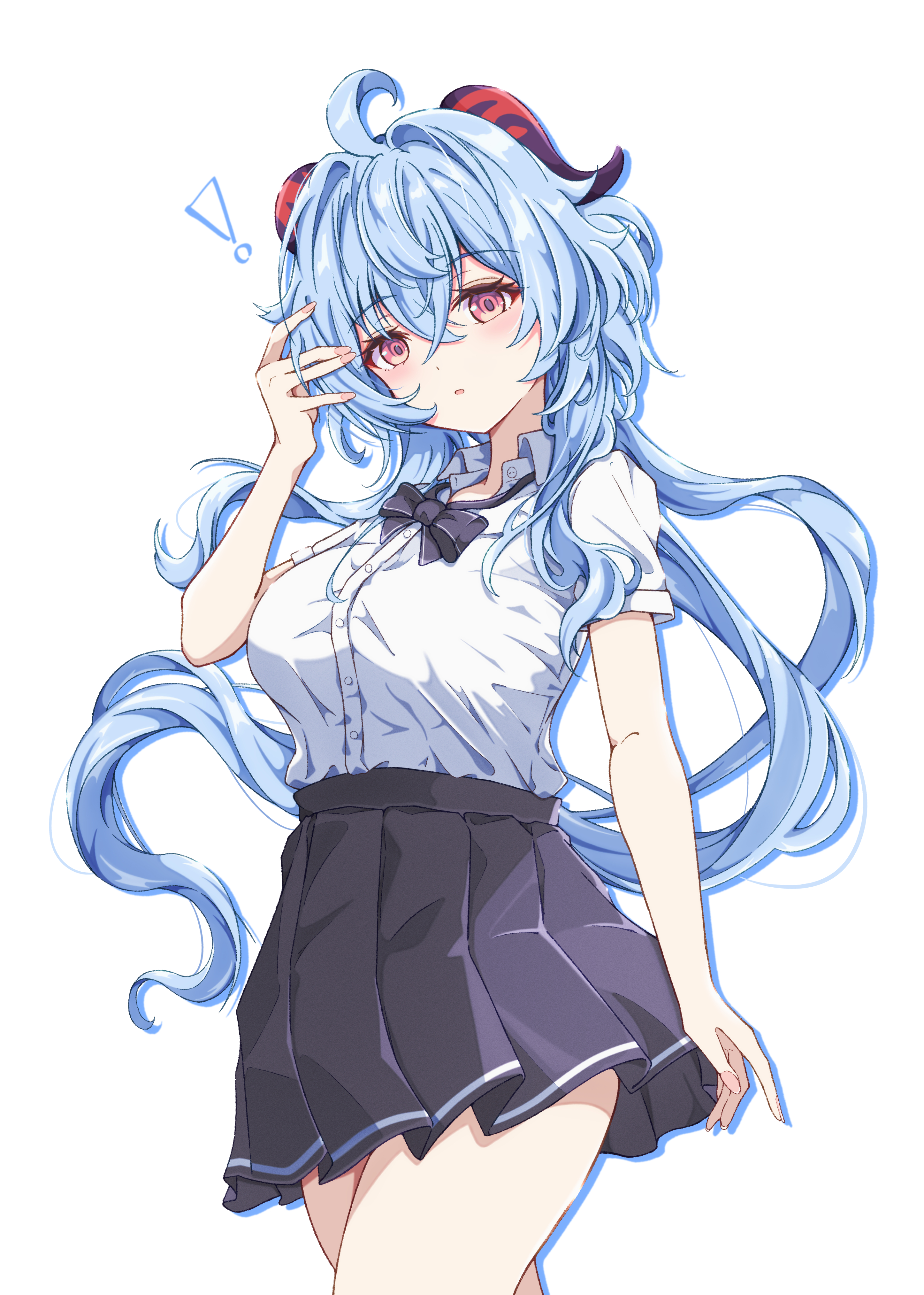 isenooose, ganyu (genshin impact), genshin impact, absurdres, highres, 1girl, black bow, black bowtie, black skirt, blue hair, bow, bowtie, breasts, collared shirt, cowboy shot, horns, large breasts, long hair, looking at viewer, pink eyes, pleated skirt, school uniform, shirt, short sleeves, simple background, skirt, solo, white background, white shirt