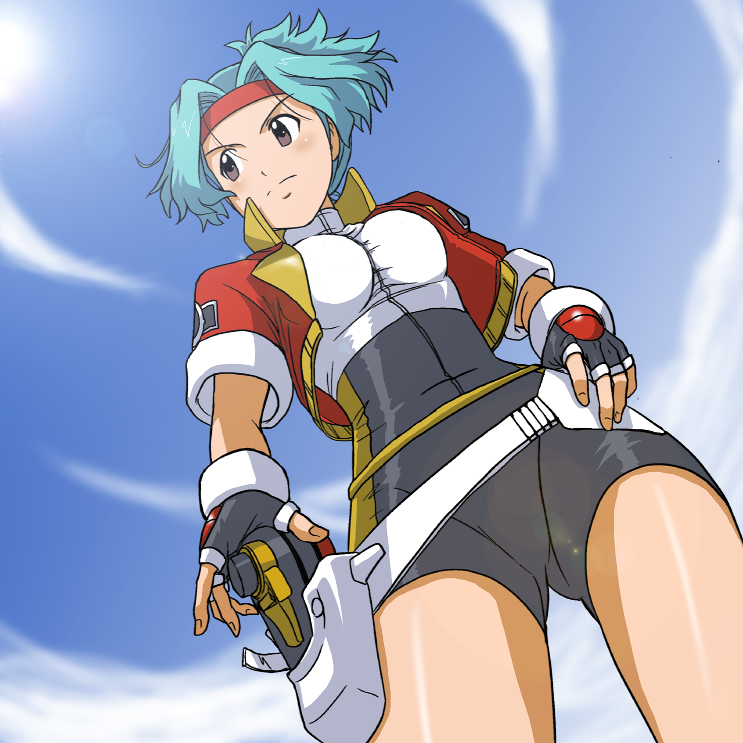 takaya n, solana (pokemon), nintendo, pokemon, pokemon ranger (game), pokemon ranger (series), pokemon ranger 1, uniform, highres, 00s, 1girl, belt, blue hair, breasts, brown eyes, capture styler, day, female focus, fingerless gloves, from below, gloves, headband, holster, large breasts, sky, solo, spandex, tight clothes