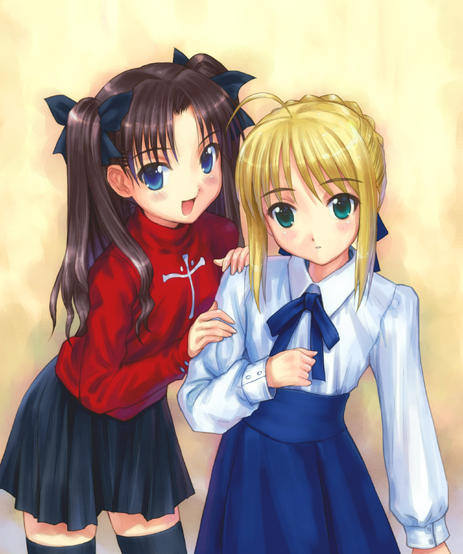 goto p, artoria pendragon (fate), saber (fate), tohsaka rin, fate/stay night, fate (series), 00s, 2girls, blouse, multiple girls, shirt, thighhighs