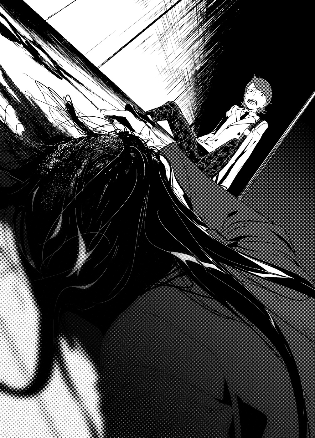 pako (pakosun), gamon yuuta, occultic;nine, science adventure, highres, non-web source, official art, 2boys, blazer, blood, corpse, greyscale, hashigami isayuki, jacket, long hair, long sleeves, looking at another, lying, monochrome, multiple boys, on stomach, open mouth, pants, plaid clothes, plaid pants, scared, school uniform, shoes, short hair, sitting, spread legs, teeth, tongue
