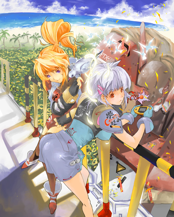 alteisen, excellen browning, seolla schweizer, banpresto, super robot wars, super robot wars original generation, silver hair, alt eisen, beach, blonde hair, blue eyes, boots, day, gloves, hair ornament, hairclip, long hair, ocean, ponytail, purple eyes, red eyes, short hair, skirt