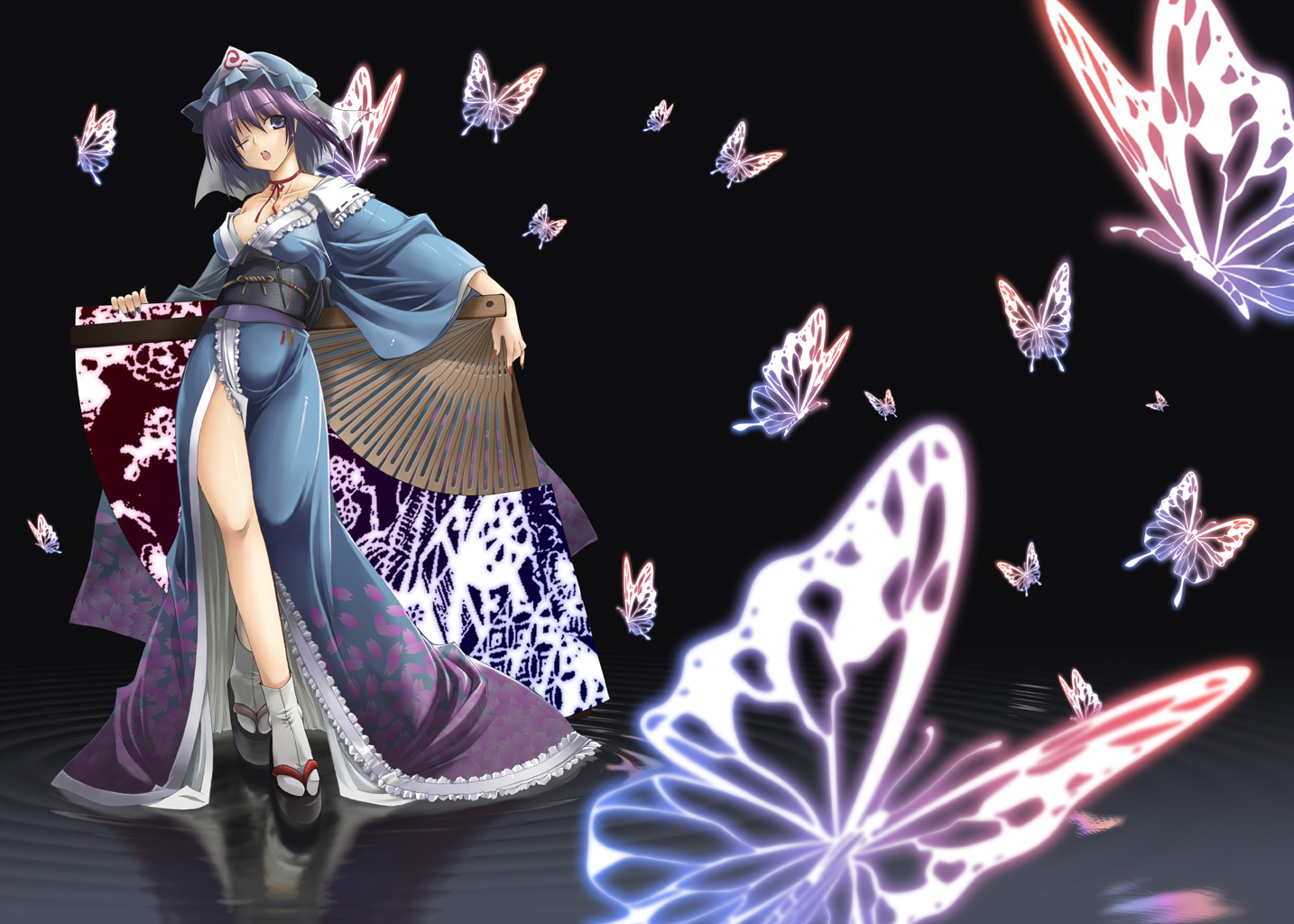 minakuchi takashi, saigyouji yuyuko, touhou, 1girl, blue eyes, bug, butterfly, choker, female focus, folding fan, goshoguruma, hand fan, hat, insect, japanese clothes, legs, one eye closed, open mouth, oversized object, purple hair, reflection, ribbon choker, ripples, saigyouji yuyuko's fan design, sandals, shippou (pattern), short hair, socks, solo, tabi, water, wink, zouri
