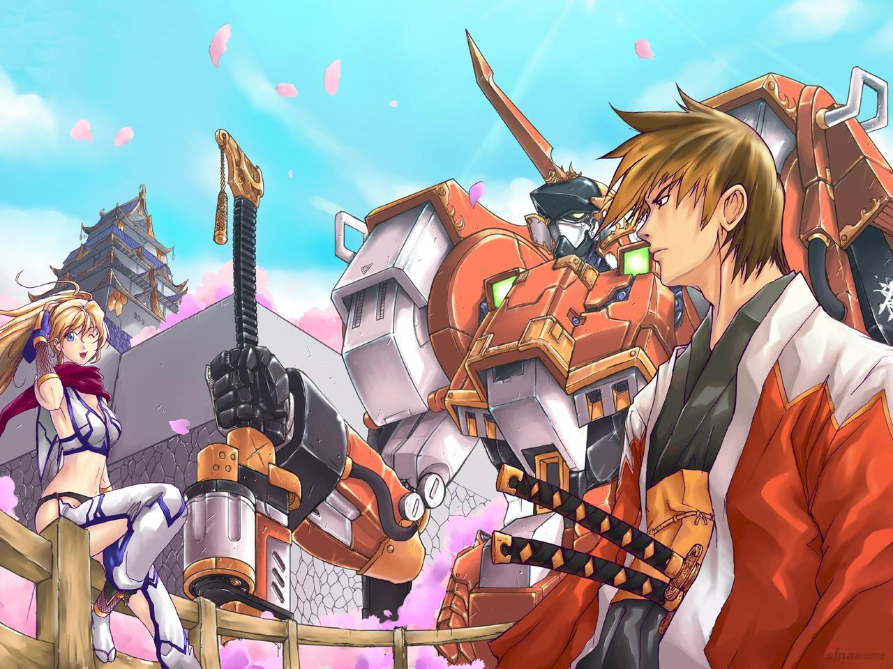 alteisen, excellen browning, kyousuke nanbu, nanbu kyosuke, banpresto, super robot wars, super robot wars original generation, 1boy, 1girl, blonde hair, blue eyes, castle, haori, horns, japanese clothes, katana, mecha, medieval, midriff, ninja, petals, robot, samurai, scarf, single horn, sword, weapon