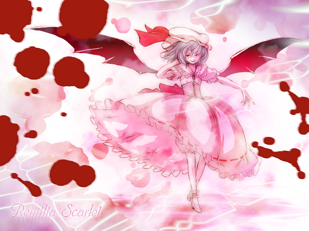 decko, remilia scarlet, touhou, bad id, bad pixiv id, 1girl, blood, female focus, gradient background, hat, solo, white background, wings