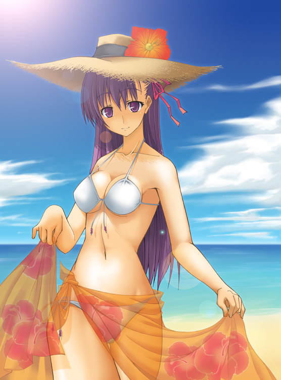 minakuchi takashi, matou sakura, fate/stay night, fate (series), 00s, 1girl, beach, bikini, clothes lift, day, female focus, hat, lens flare, long hair, outdoors, purple eyes, sarong, sarong lift, see-through clothes, see-through sarong, solo, straw hat, swimsuit, white bikini