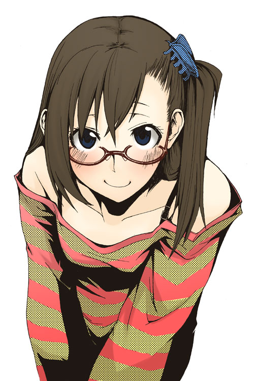 minakuchi takashi, original, striped, 1girl, bare shoulders, bent over, blue eyes, blush, brown hair, collarbone, female focus, glasses, hair ornament, hairclip, long hair, side ponytail, simple background, smile, solo, strap, white background