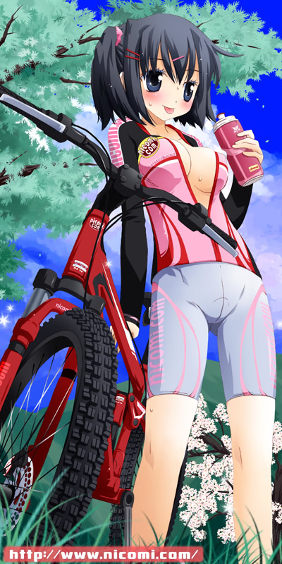 noto (soranoto), sazaki ichiri, nicomi.com, original, 1girl, :d, bicycle, bike jersey, bike shorts, black hair, blue eyes, blush, bottle, breasts, can, cleavage, day, drink can, drinking, female focus, long hair, machinery, medium breasts, no bra, open mouth, outdoors, plant, short hair, skin tight, smile, soda can, solo, standing, tree, water bottle