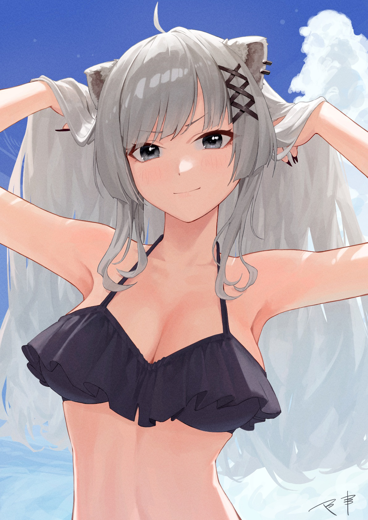 makimaki makky7, shishiro botan, hololive, commentary, highres, 1girl, ahoge, animal ear fluff, animal ear piercing, animal ears, armpits, bikini, black bikini, black nails, blue sky, breasts, cleavage, closed mouth, cloud, cumulonimbus cloud, day, fingernails, grey eyes, grey hair, hands in own hair, large breasts, light blush, light smile, lion ears, lion girl, long hair, looking at viewer, nail polish, outdoors, ruffle bikini, sharp fingernails, signature, sky, solo, swimsuit, upper body, v-shaped eyebrows, very long fingernails, very long hair, virtual youtuber