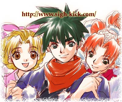 sigh-kick, elena (grandia), millenia (grandia), ryudo (grandia), game arts, grandia, grandia ii, lowres, 1boy, 2girls, blonde hair, brown eyes, green eyes, multiple girls, red hair
