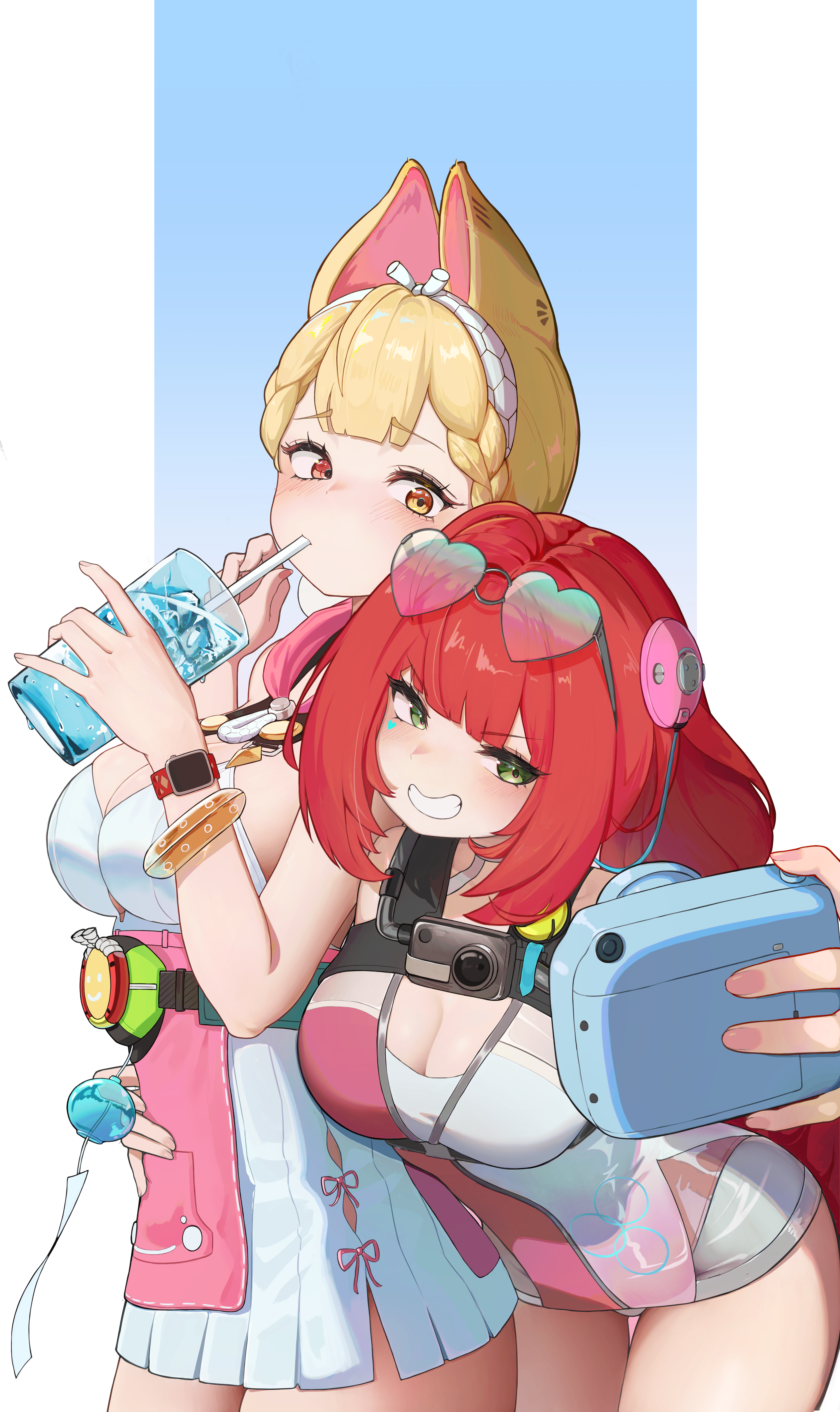 alice thymefield, alice thymefield (sea of thyme), ukinami yuzuha, ukinami yuzuha (tanuki in broad daylight), zenless zone zero, absurdres, highres, 2girls, animal ears, apo17, bare legs, bare shoulders, blonde hair, blush, drink, green eyes, heterochromia, multiple girls, rabbit ears, red hair, selfie, shochaba, sunglasses, swimsuit, watch, wristwatch