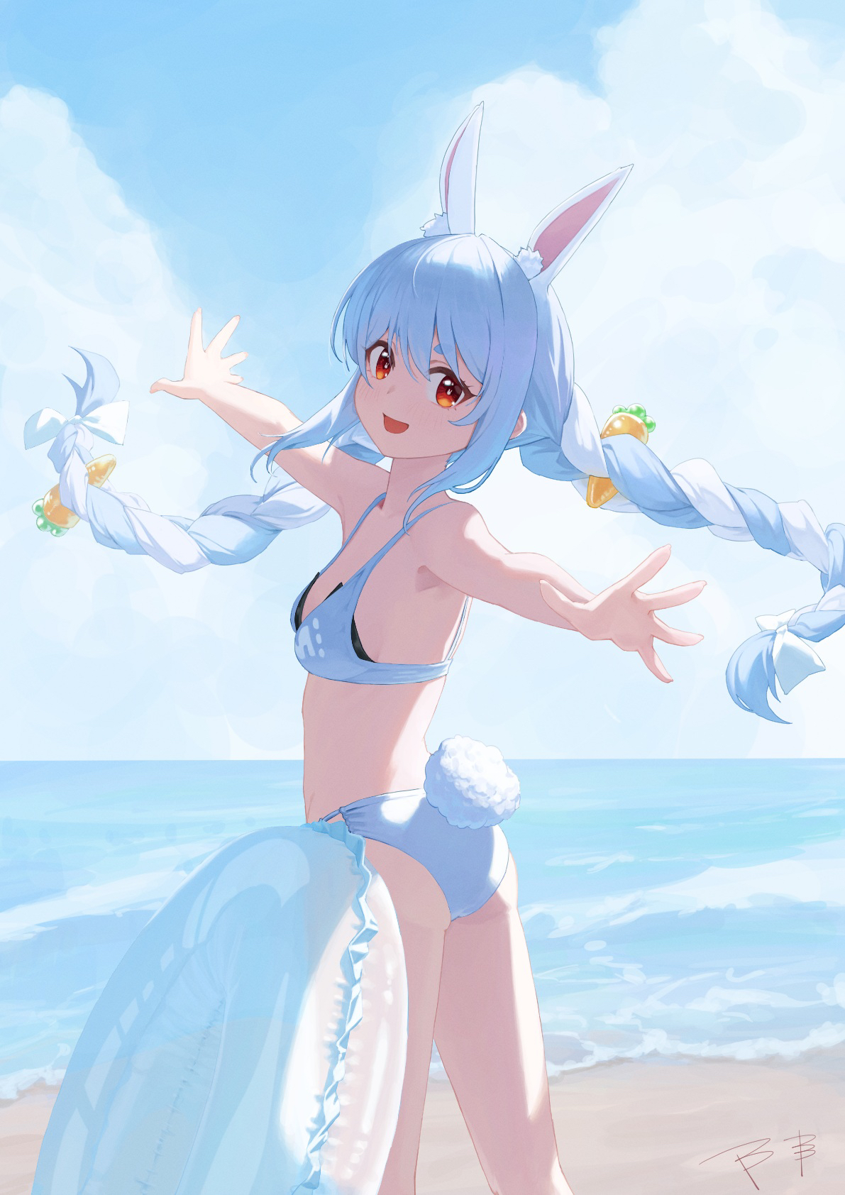 makimaki makky7, usada pekora, hololive, commentary, highres, 1girl, :d, airplane arms, alternate costume, animal ear fluff, animal ears, ass, bikini, blue hair, blue sky, braid, breasts, carrot hair ornament, cloud, day, extra ears, food-themed hair ornament, hair ornament, hikimayu, long hair, looking at viewer, multicolored hair, open mouth, orange eyes, outdoors, outstretched arms, rabbit-shaped pupils, rabbit ears, rabbit girl, rabbit tail, short eyebrows, sidelocks, sky, small breasts, smile, solo, spread arms, standing, swim ring, swimsuit, symbol-shaped pupils, tail, thick eyebrows, twin braids, twintails, two-tone hair, virtual youtuber, white bikini, white hair