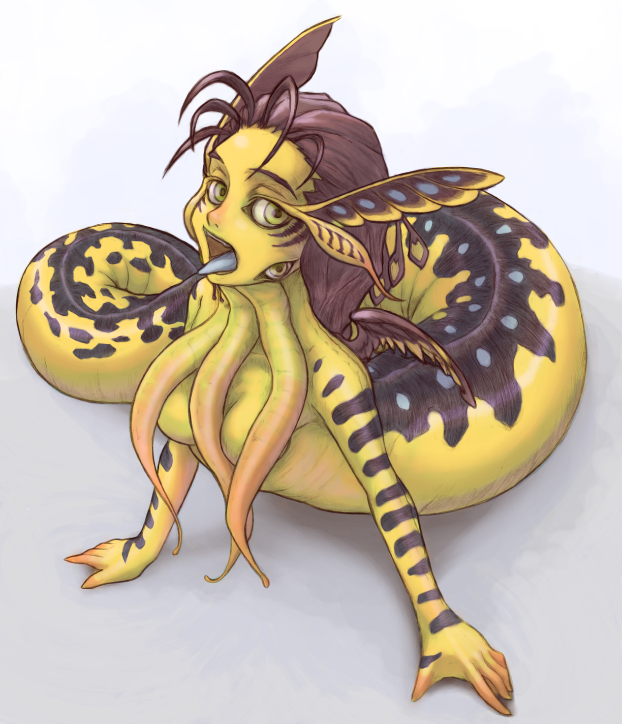 chiaki (tom910), tom910, shriekmaw, magic: the gathering, highres, 1girl, breasts, colored skin, female focus, monster girl, personification, shriek maw, solo, tentacles, third eye, white background, yellow skin