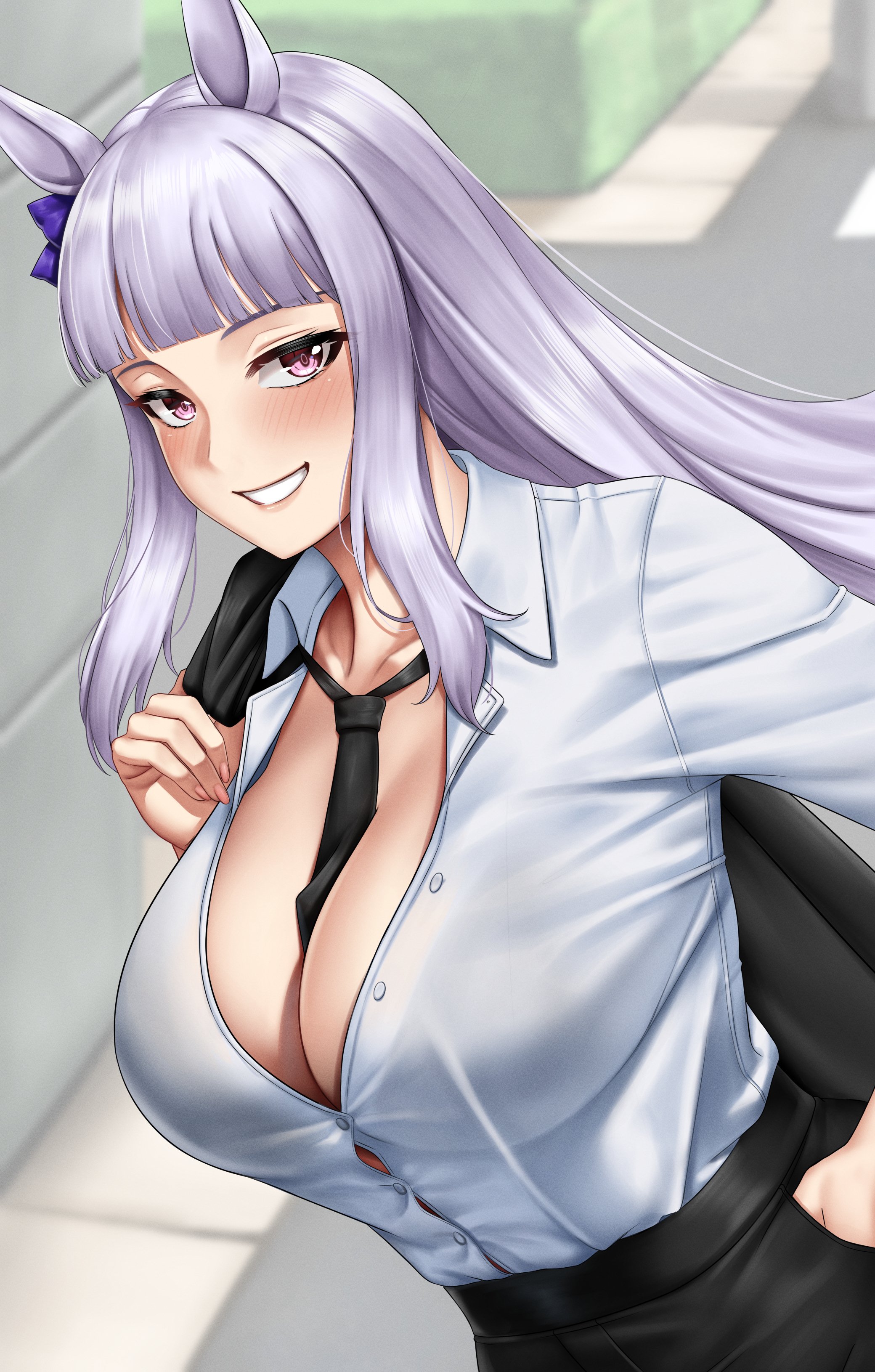 stmoon, gold ship (umamusume), umamusume, absurdres, commentary request, highres, 1girl, alternate costume, animal ears, between breasts, black necktie, black skirt, blunt bangs, blush, bow, bra visible through clothes, breasts, button gap, collarbone, collared shirt, ear bow, fingernails, grey hair, hand in pocket, holding, holding jacket, holding unworn clothes, horse ears, horse girl, jacket, jacket over shoulder, large breasts, long hair, looking at viewer, nail polish, necktie, necktie between breasts, office lady, partially unbuttoned, purple eyes, shirt, shirt tucked in, skirt, smile, solo, unworn jacket, upper body, white shirt