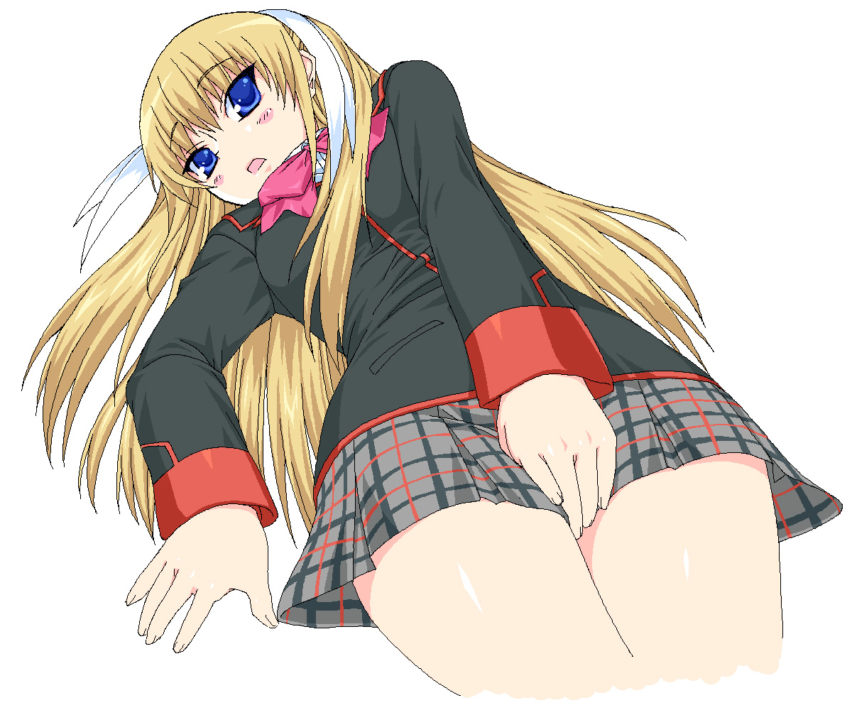 shichimenchou, tokido saya, little busters!, 1girl, blonde hair, blue eyes, blush, bow, female focus, long hair, oekaki, pink bow, skirt, solo