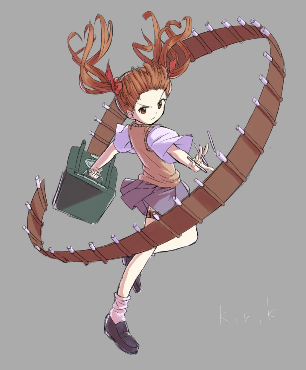 okarin (tennisofoka), shirai kuroko, toaru kagaku no railgun, toaru majutsu no index, commentary, highres, 1girl, ankle socks, bare arms, between fingers, black shoes, bow, brown eyes, brown hair, brown sweater, brown sweater vest, brown vest, floating hair, full body, grey background, grey skirt, hair bow, holding, holding needle, holster, loafers, long hair, miniskirt, needle, pleated skirt, red bow, school uniform, shirt, shoes, short sleeves, simple background, skirt, sleeveless, sleeveless sweater, socks, solo, summer uniform, sweater, sweater vest, thigh holster, thigh strap, throwing needles, tokiwadai school uniform, twintails, vest, white shirt, white socks