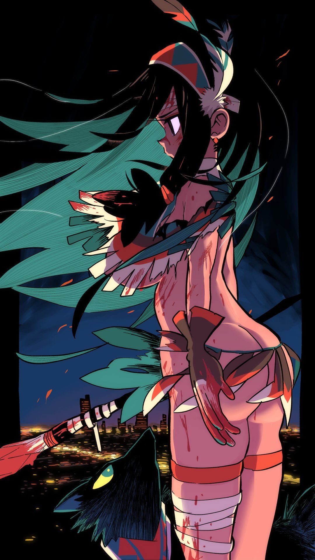 gashi-gashi, original, highres, 1girl, animal, ass, bandaged head, bandaged leg, bandages, black eyes, black hair, blood, blood on clothes, blood on face, bloody weapon, blue eyes, blue hair, breasts, brown gloves, building, city, colored sclera, earrings, fingerless gloves, from side, gloves, holding, holding polearm, holding weapon, jewelry, large breasts, long hair, multicolored hair, native american, night, outdoors, polearm, profile, revealing clothes, spear, thigh strap, torn clothes, torn gloves, very long hair, weapon, wolf, yellow sclera