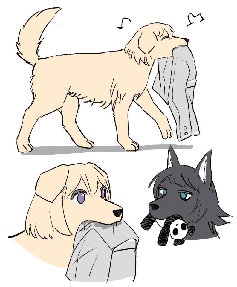 akni, misumi uika, shiina taki, togawa sakiko, yahata umiri, bang dream!, bang dream! it's mygo!!!!!, commentary request, korean commentary, animalization, dog, grey jacket, haneoka school uniform, jacket, no humans, school uniform, stuffed animal, stuffed panda, stuffed toy, unworn jacket, wolf
