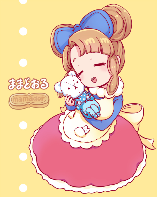 mizuki maya, original, commentary request, 1girl, apron, baby carry, blue shirt, blunt bangs, breasts, brown hair, carrying, character name, curtained hair, double bun, hair bun, large breasts, mamador (food), object and personification, red skirt, shirt, sidelocks, skirt, solo, stuffed animal, stuffed toy, teddy bear, yellow apron, yellow background