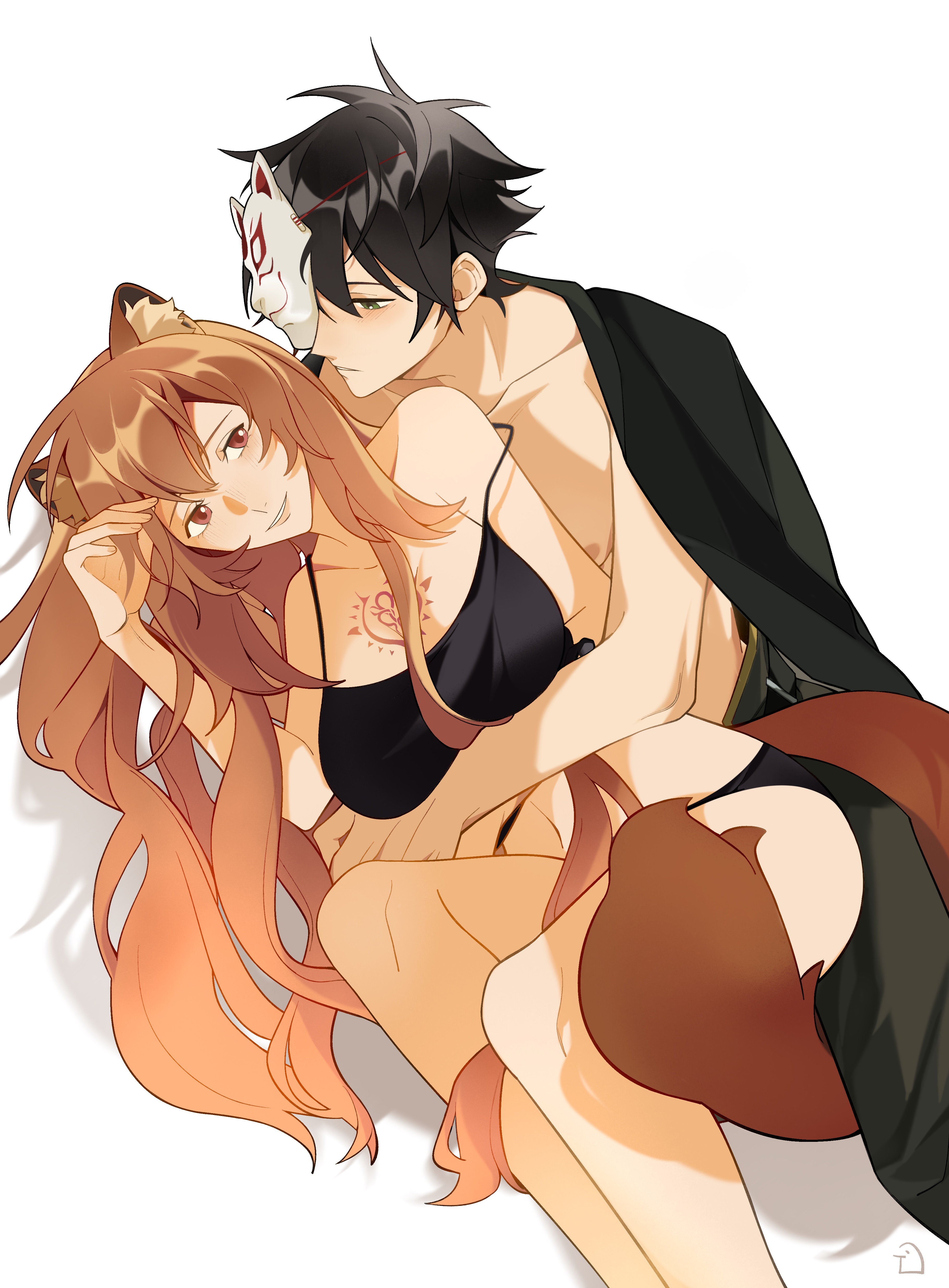 dice657523, iwatani naofumi, raphtalia, tate no yuusha no nariagari, absurdres, check clothing, chinese commentary, clothing request, commentary request, highres, 1boy, 1girl, alternate costume, animal ear fluff, animal ears, black hair, black pants, black sarong, black shirt, black tank top, blush, breasts, brown hair, chest tattoo, collarbone, couple, double-parted bangs, green eyes, hair between eyes, hand up, hetero, hug, large breasts, legs up, long hair, looking at another, lying, mask, mask on head, messy hair, midriff, navel, on side, one-armed hug, open clothes, open shirt, pants, parted lips, raccoon ears, raccoon girl, raccoon tail, red eyes, sarong, shirt, sidelocks, signature, simple background, slave brand, smile, spaghetti strap, straight hair, tail, tank top, tattoo, white background