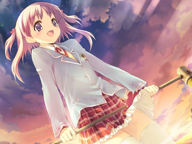 kawata hisashi, nanako, nanako (to heart 2), to heart (series), to heart 2, to heart 2 ad, game cg, 00s, 1girl, female focus, plaid clothes, plaid skirt, purple eyes, purple hair, school uniform, serafuku, skirt, sky, solo, thighhighs, two side up